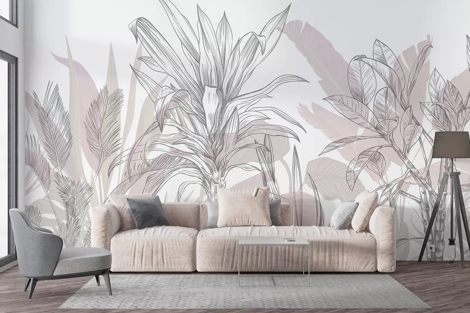 wall murals Тропске графичке биљке са великим, бујним листовима и цвећем у нијансама сиве и беле са цветним ружичастим силуетама  w08327v1