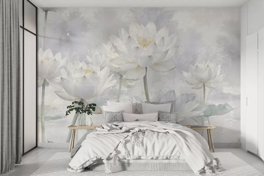 wall murals Цвеће белог лотоса у магловитој, етеричној апстрактној пастелној позадини пејзажа w08328