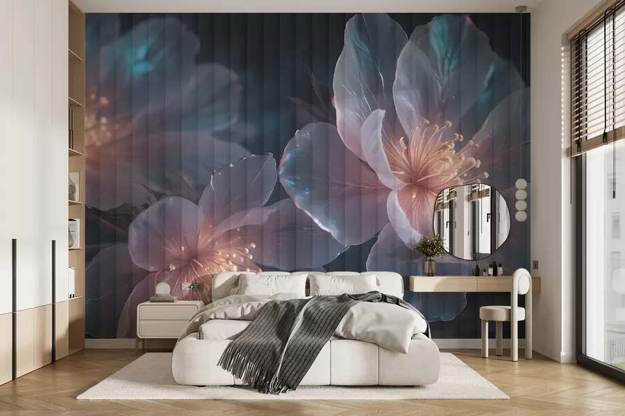 wall murals Нежно ружичасто и плаво провидно цвеће са меким, замућеним латицама и светлећим средиштима на тамној позадини w08329