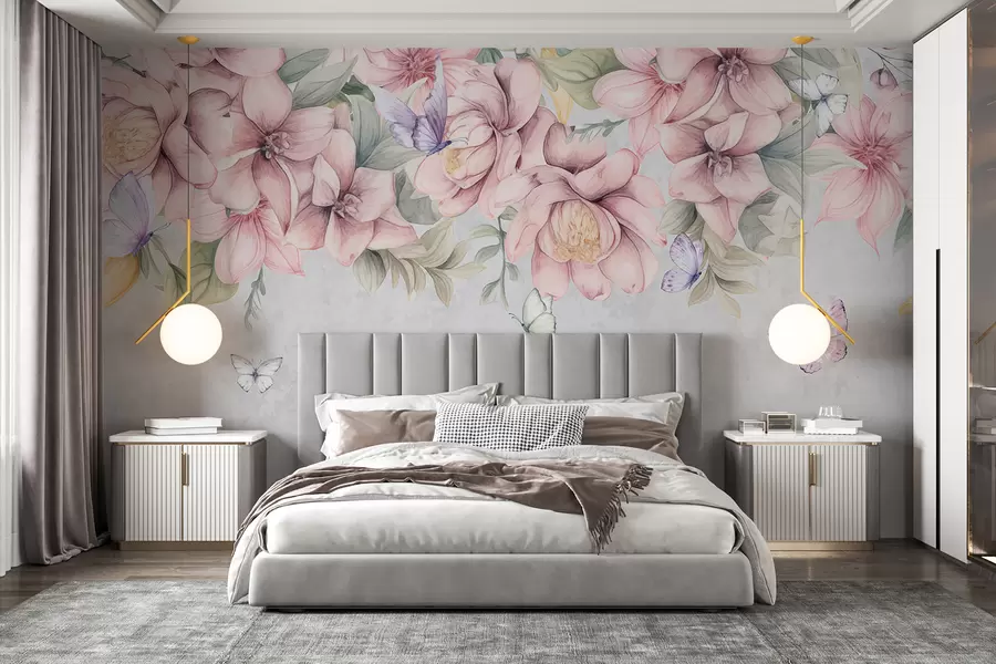 wall murals Нежни ружичасти и бели цветови са деликатним цветовима и листовима на текстурираној сивој позадини w08331