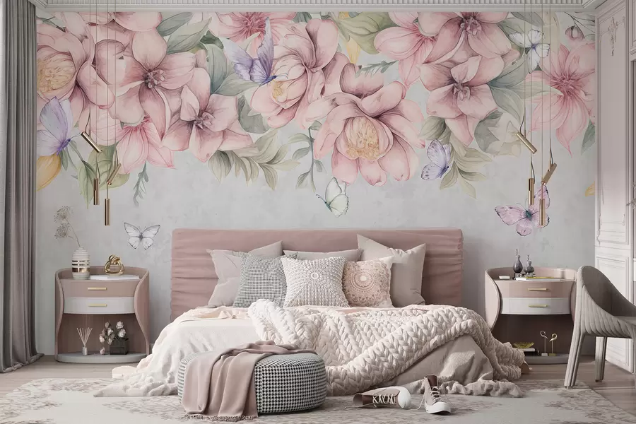 wall murals Нежни ружичасти и бели цветови са деликатним цветовима и листовима на текстурираној сивој позадини w08331