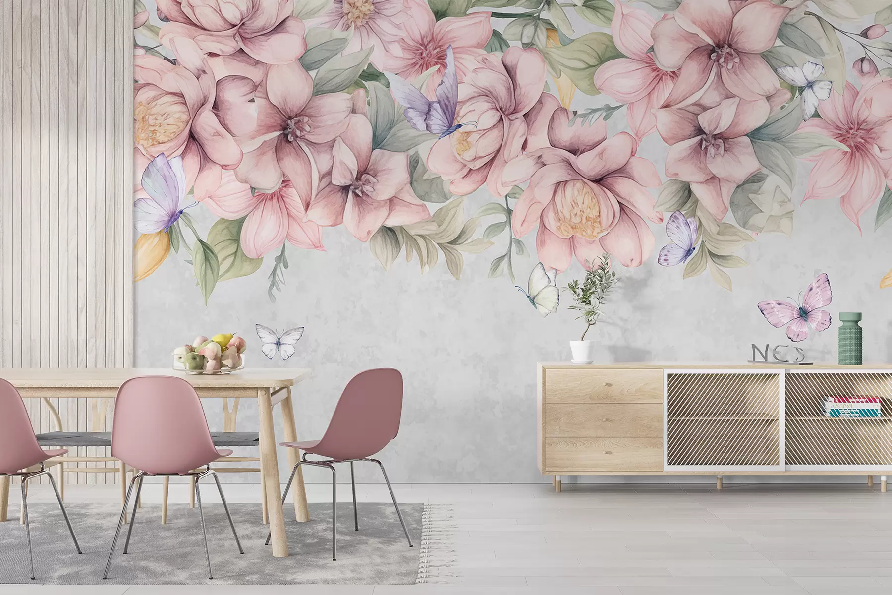 wall murals Нежни ружичасти и бели цветови са деликатним цветовима и листовима на текстурираној сивој позадини w08331