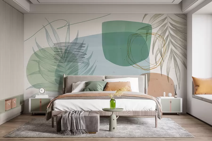 wall murals Композиција апстрактне текстуре са органским облицима и тропским листовима, у пригушеним пастелним бојама w08335