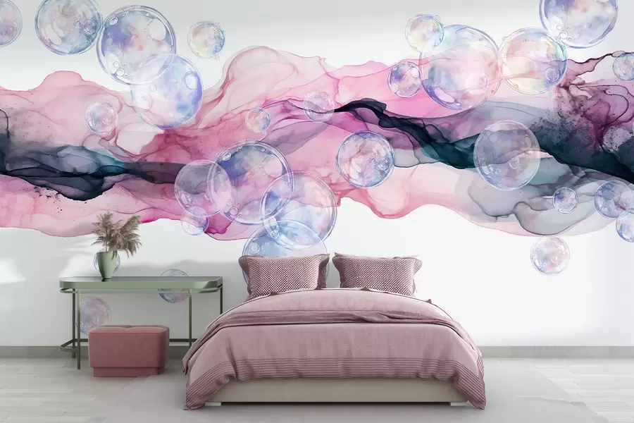 wall murals Шарени апстрактни течни облици са мехурићима, ковитлацима ружичастих, плавих и љубичастих нијанси на белој позадини w08337