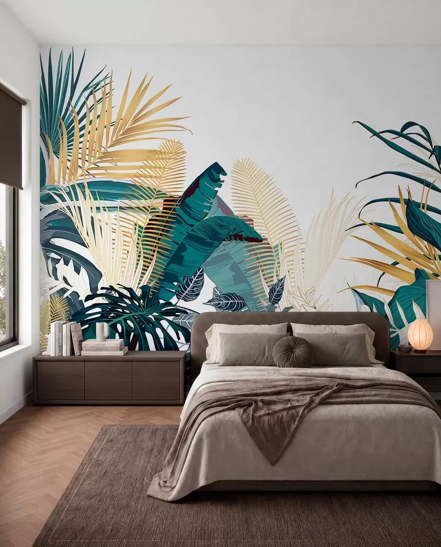 wall murals Тропско бујно зелено лишће, укључујући лишће палми, папрати и друге егзотичне биљке тамнозелене и наранџасте боје w08338