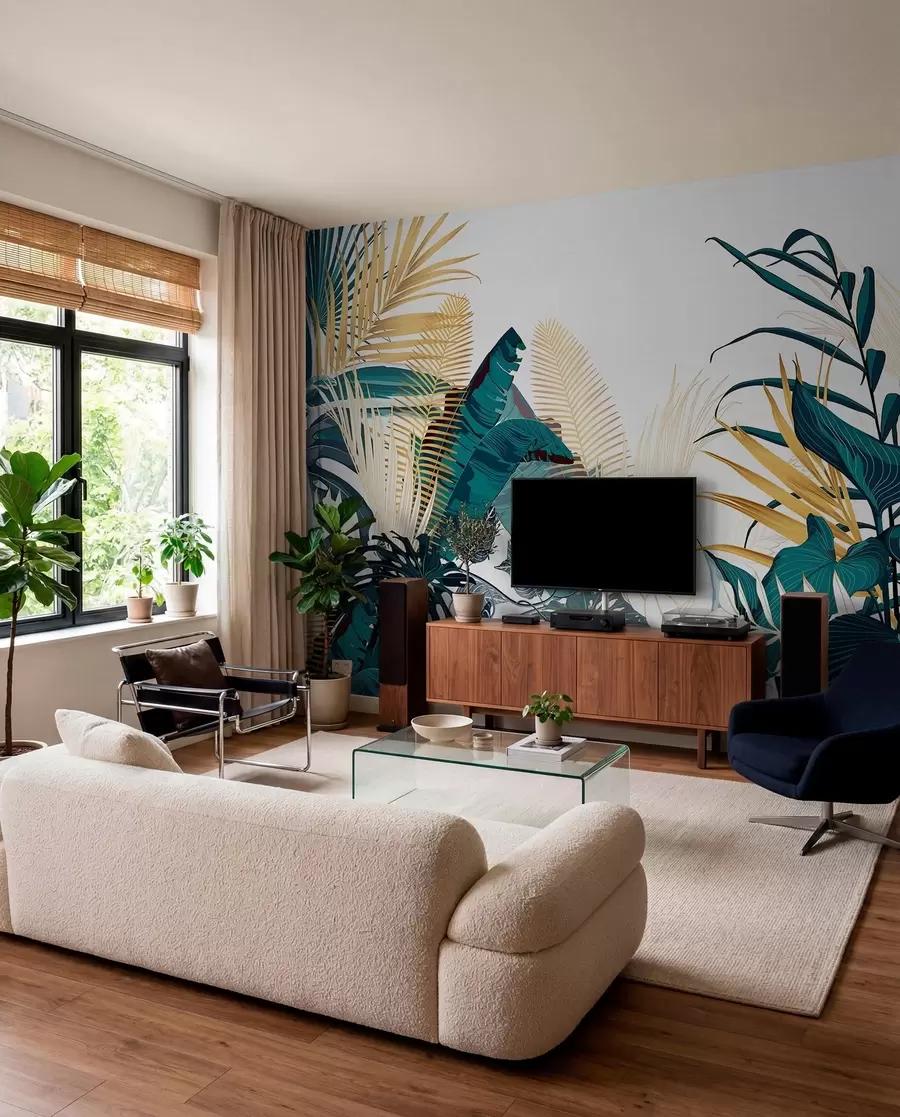 wall murals Тропско бујно зелено лишће, укључујући лишће палми, папрати и друге егзотичне биљке тамнозелене и наранџасте боје w08338