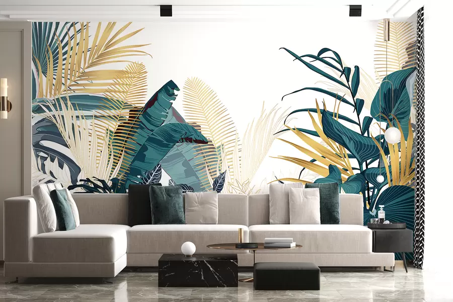 wall murals Тропско бујно зелено лишће, укључујући лишће палми, папрати и друге егзотичне биљке тамнозелене и наранџасте боје w08338