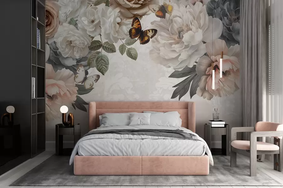 wall murals Велики бели и ружичасти цветови божура са лептиром који се налази на једном од цветова на мекој, замућеној позадини w08340