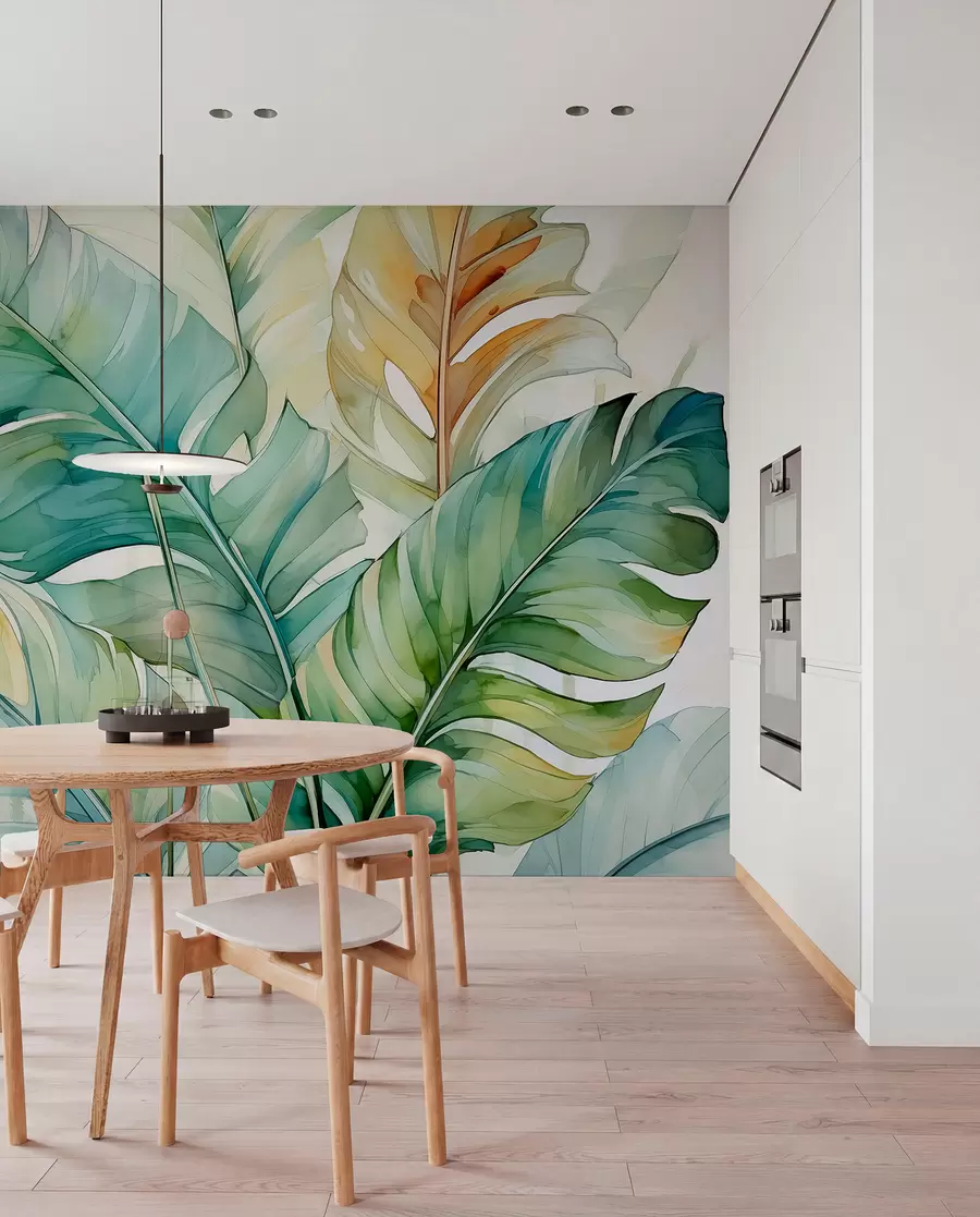 wall murals Тропско лишће банане палме влажно акварел w01775
