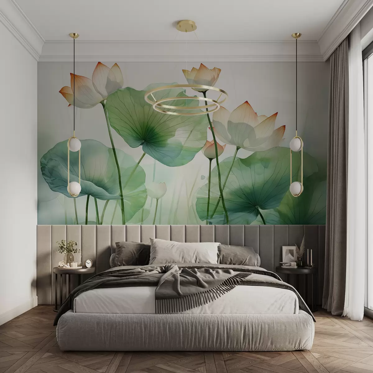 wall murals Лишће и цвеће локвања, лотос, мокри акварел w01778