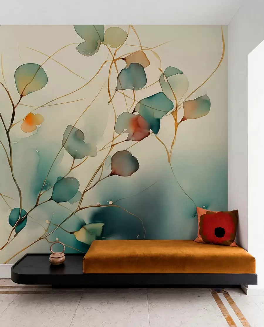 wall murals Апстрактне гране са листовима замагљеним влажним акварелом w01779