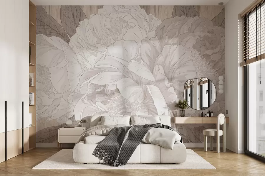 wall murals Текстурирани велики цветови божура у беж нијансама w01141