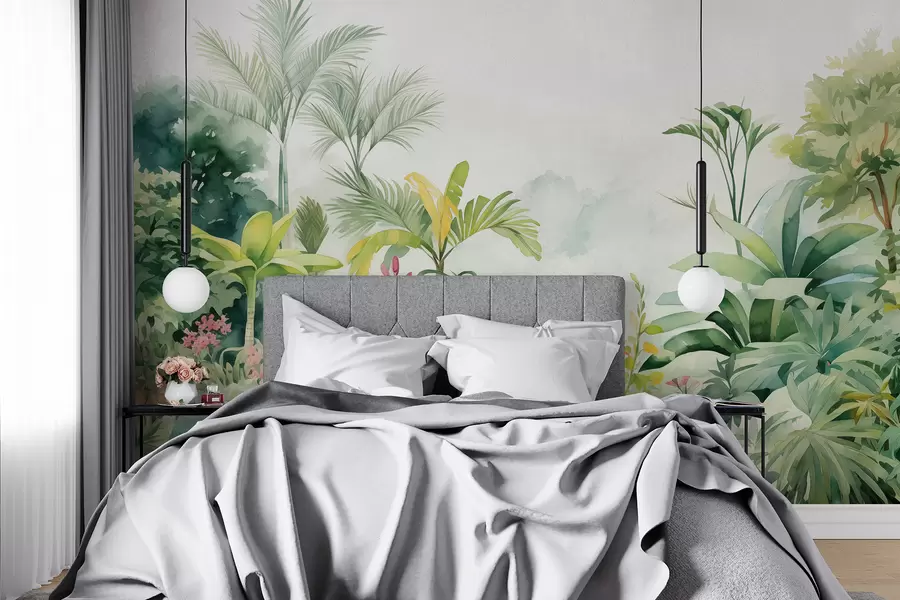 wall murals Шума џунгле, акварел, палме, цветне, нежне боје w01785