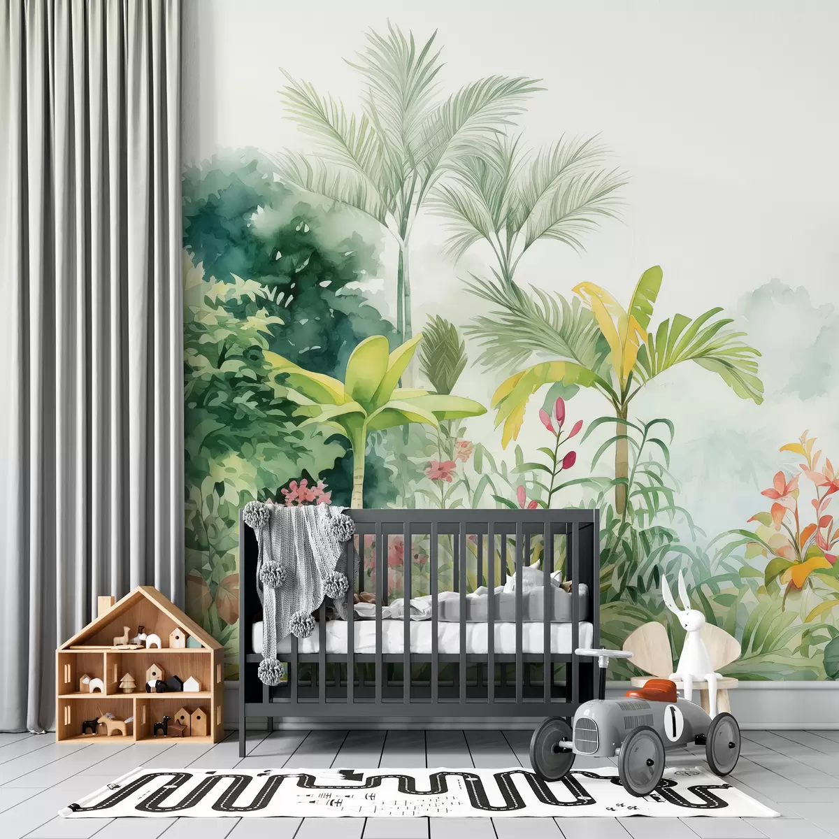 wall murals Шума џунгле, акварел, палме, цветне, нежне боје w01785