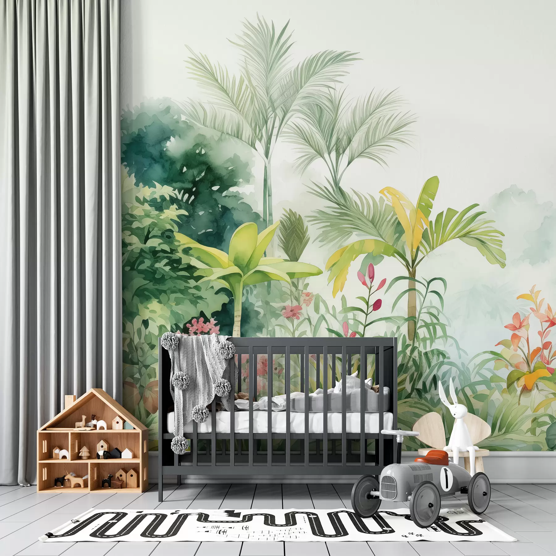wall murals Шума џунгле, акварел, палме, цветне, нежне боје w01785