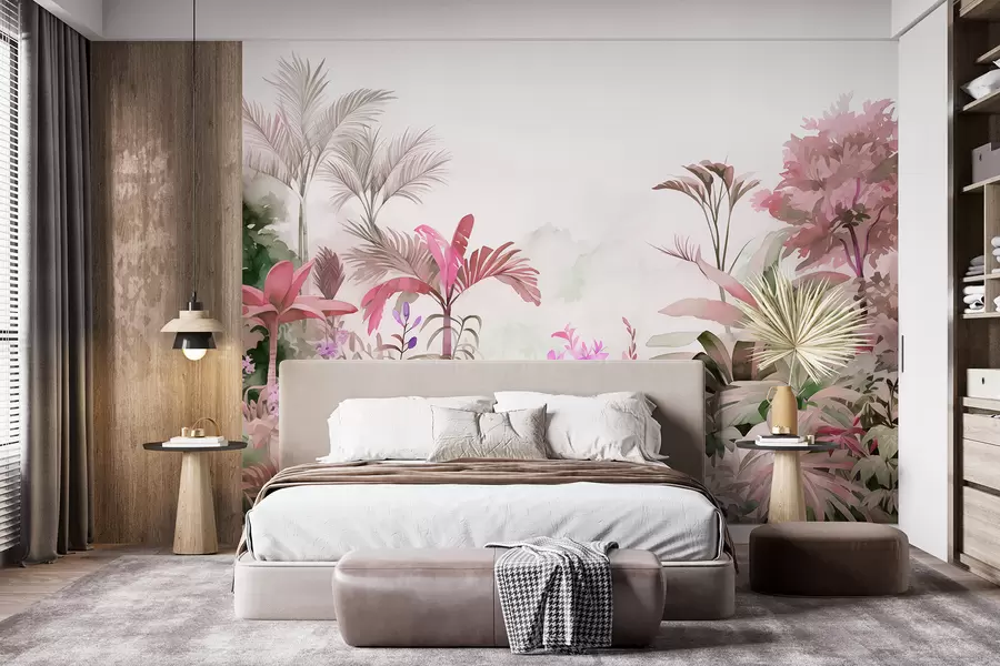 wall murals Шума џунгле, акварел, палме, цветне, розе боје w01785v1