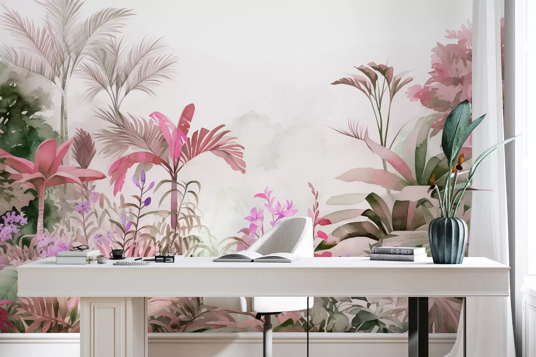 wall murals Шума џунгле, акварел, палме, цветне, розе боје w01785v1