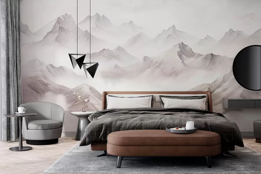 wall murals Планине са облацима, акварел, нежне сиве боје w01790v1