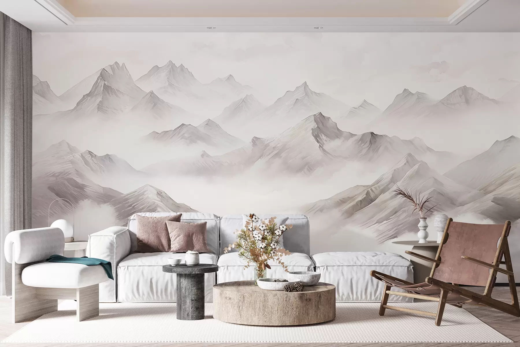 wall murals Планине са облацима, акварел, нежне сиве боје w01790v1