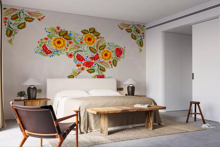 wall murals Карта Украјине у стилу петриковског сликарства на светло беж позадини w01149