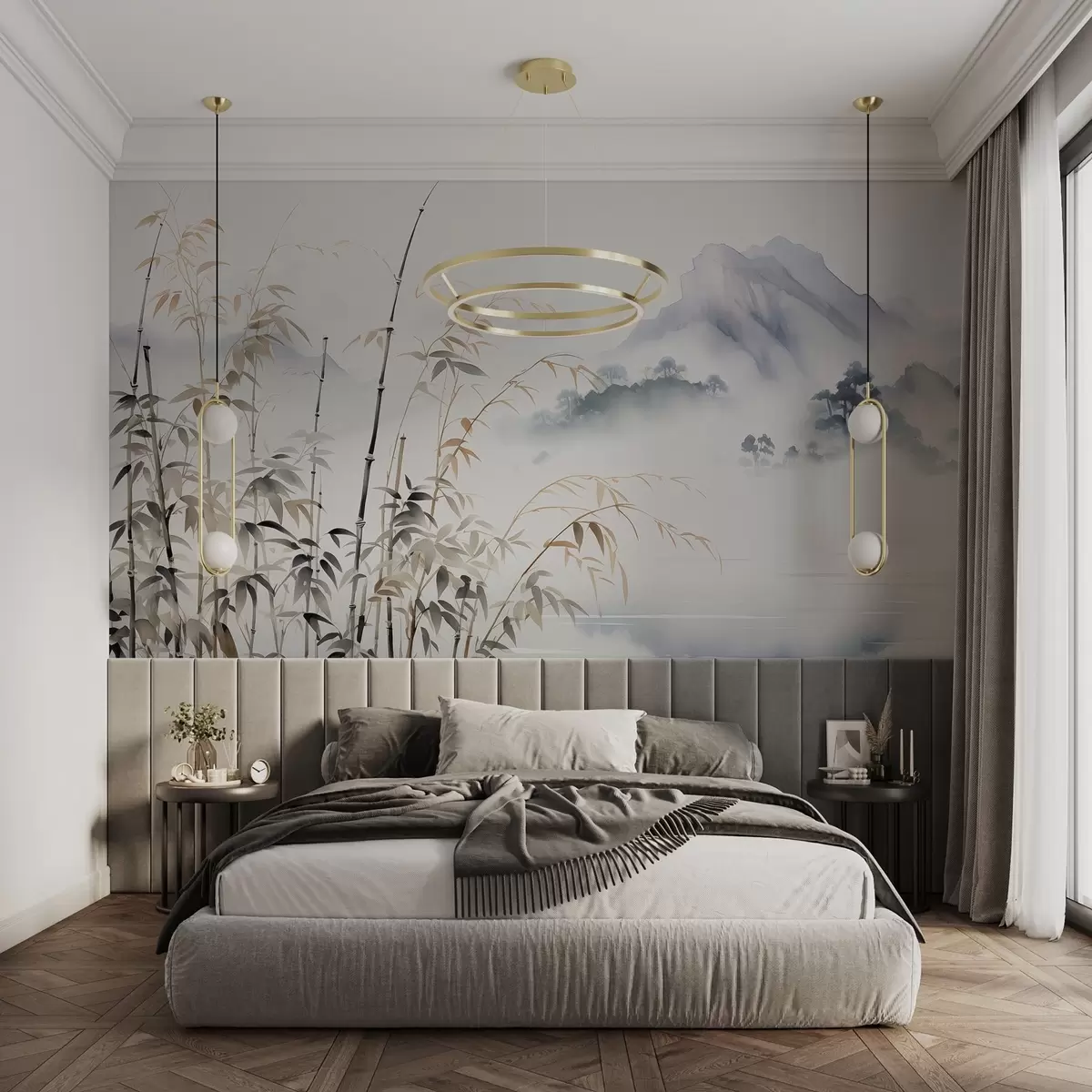 wall murals Влажне акварелне стабљике бамбуса на позадини планине w01864