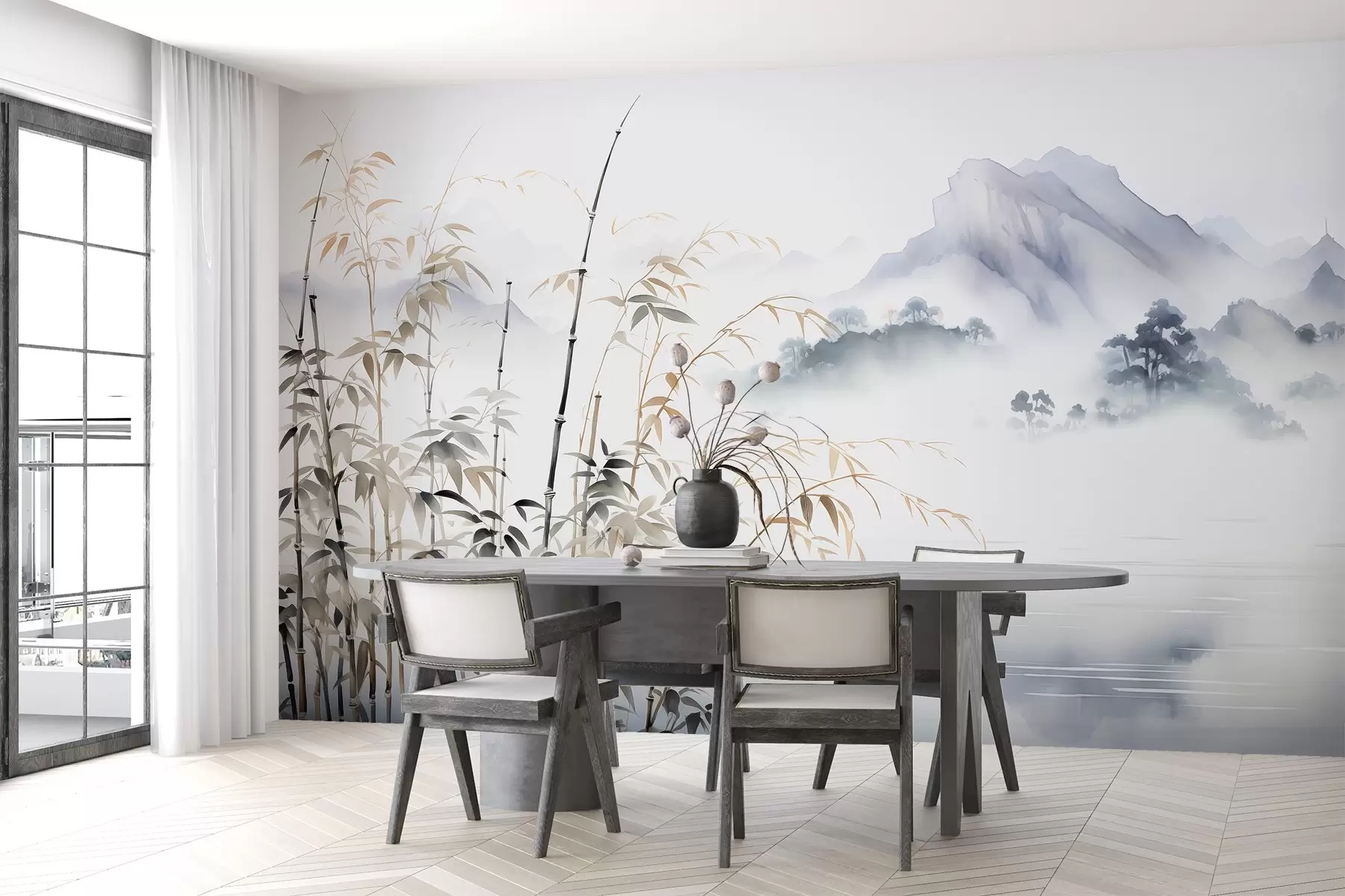 wall murals Влажне акварелне стабљике бамбуса на позадини планине w01864