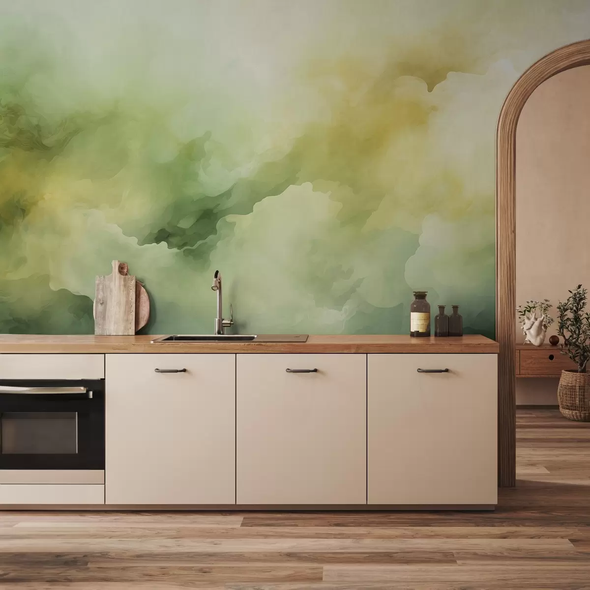 wall murals Зелено жути дим, замагљена магла мокри акварел w01869