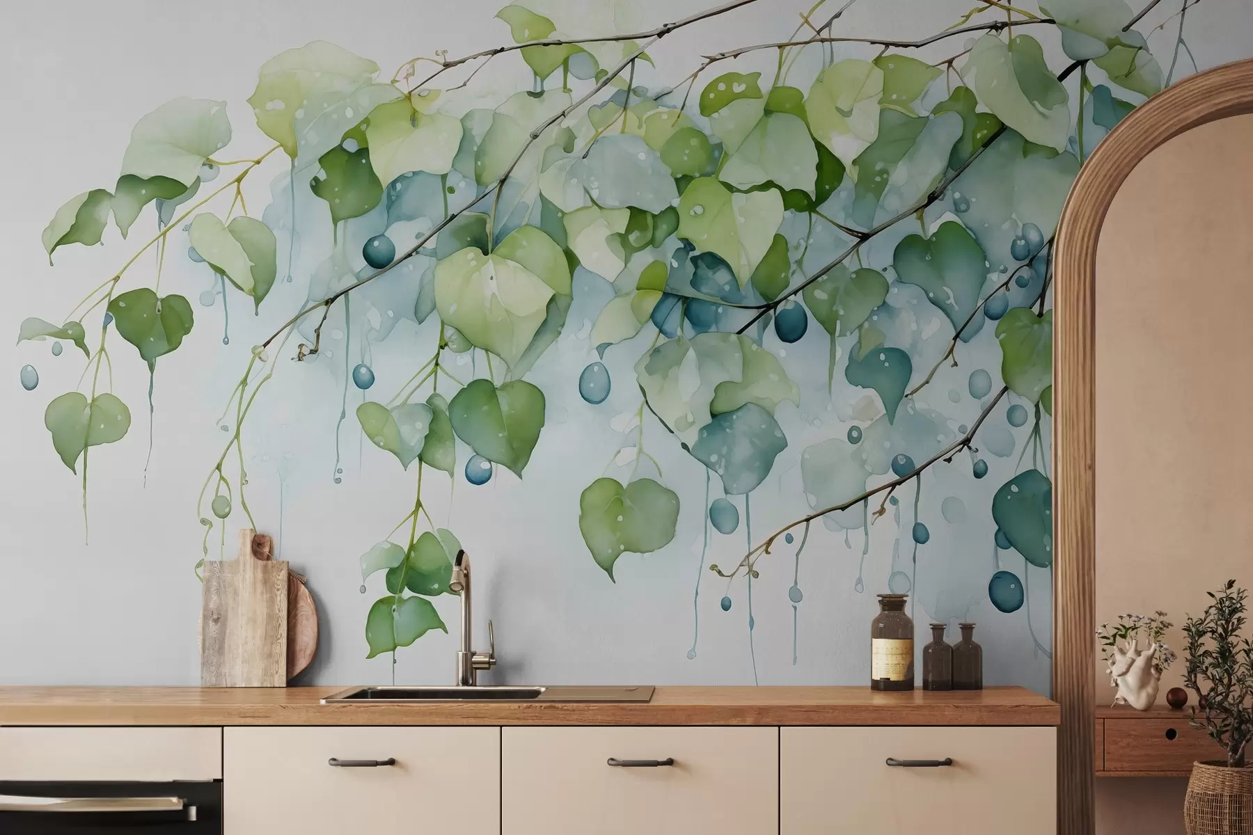 wall murals Грана са листовима влажна акварел w01870