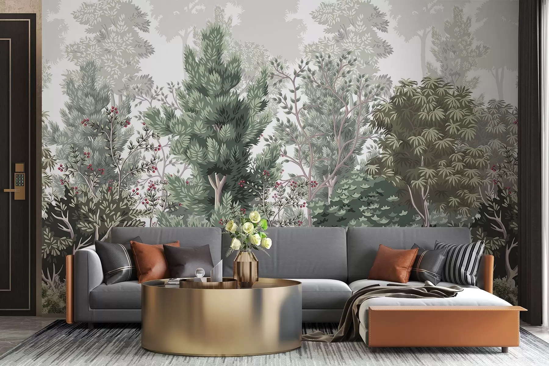 wall murals Бујна, зелена шума са разним врстама зимзеленог дрвећа и жбуња, богатог зеленила другог зеленог лишћа w08341