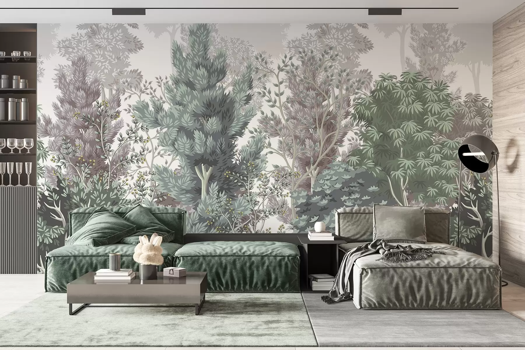 wall murals Бујна, зелена шума са разним врстама зимзеленог дрвећа и жбуња, богатог зеленила другог сивог лишћа w08341v1
