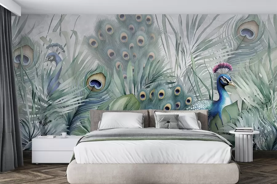 wall murals Пар шарених паунова окружених бујним зеленим лишћем акварела и живописним цвећем на сивој позадини w08345