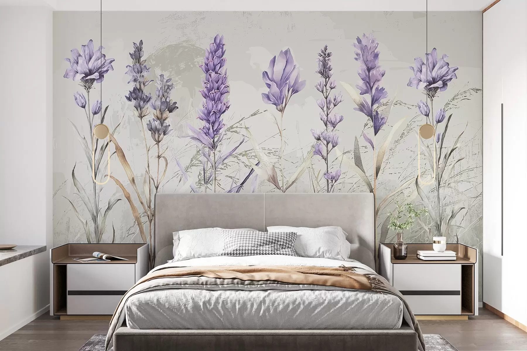 wall murals Поље љубичастих акварелних цветова лаванде са меком, замућеном текстурираном беж позадином w08346