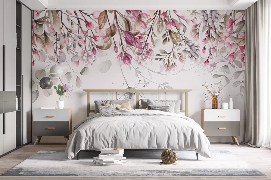 wall murals Нежне розе и беле цветне гране са листовима и латицама, на пастелно сивој позадини w08347