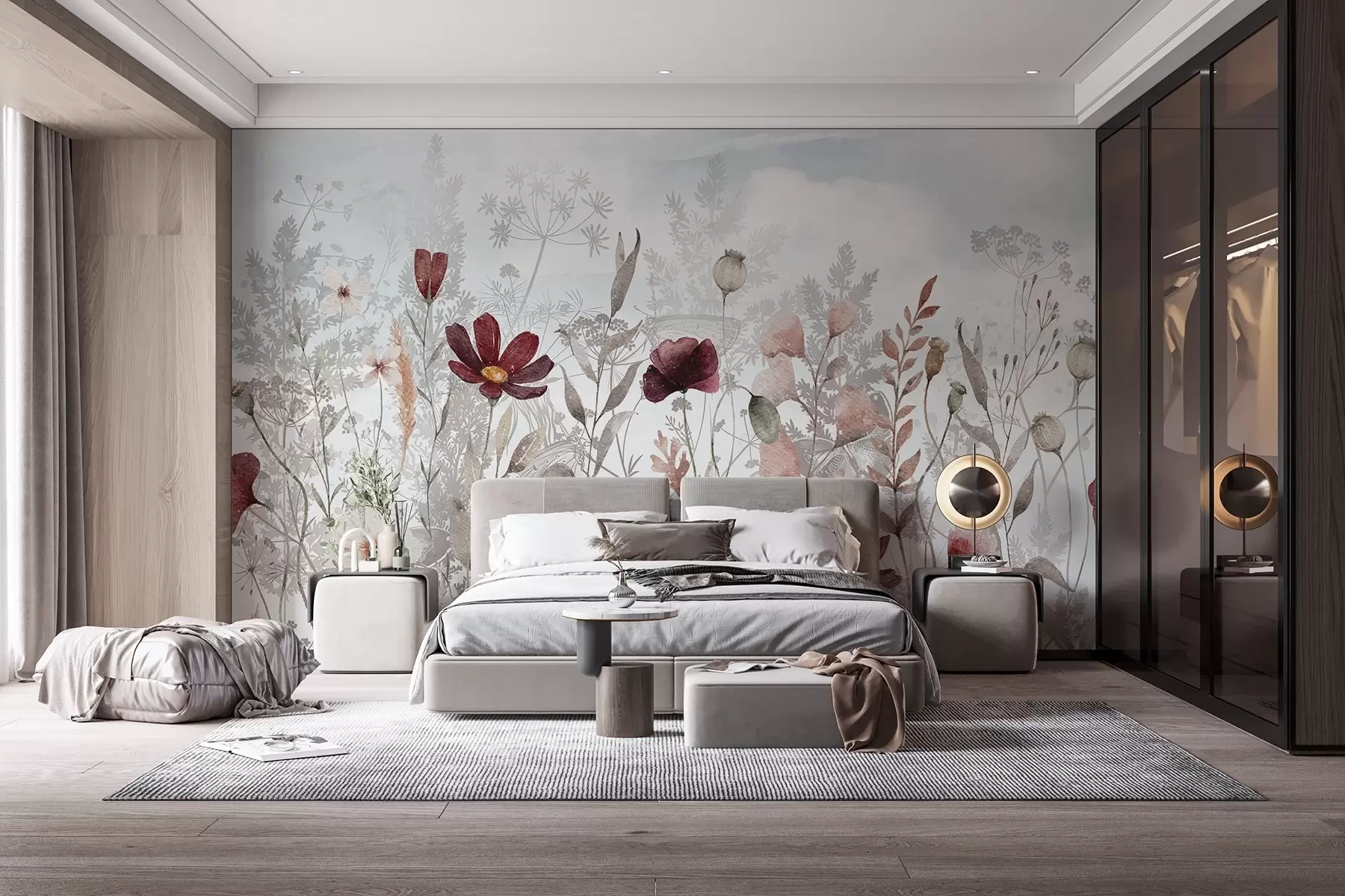 wall murals Поље разнобојног дивљег цвећа укључујући црвене, ружичасте и беле цветове са танким листовима на мекој позадини w08349
