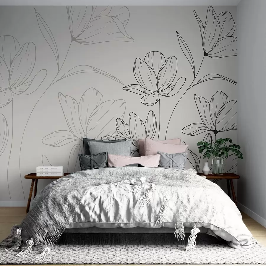 wall murals Светла позадина, велики црни цветови w08365v1