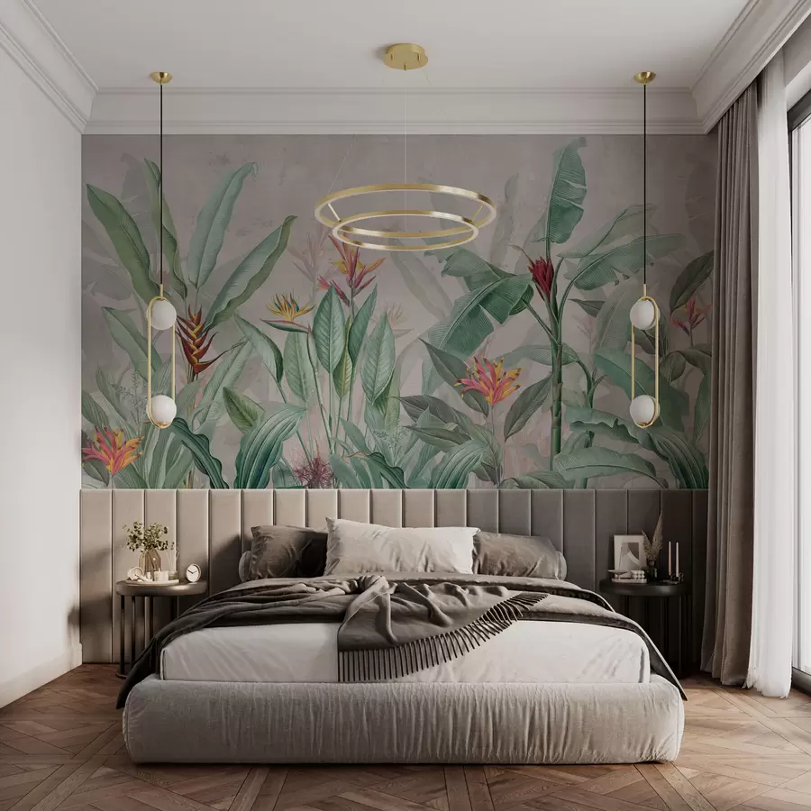 wall murals Тропско лишће и цвеће на светлој позадини w01834v1