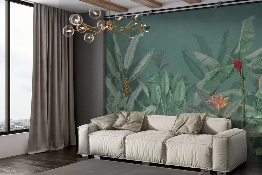 wall murals Тропско лишће и цвеће на зеленој позадини w01834v2