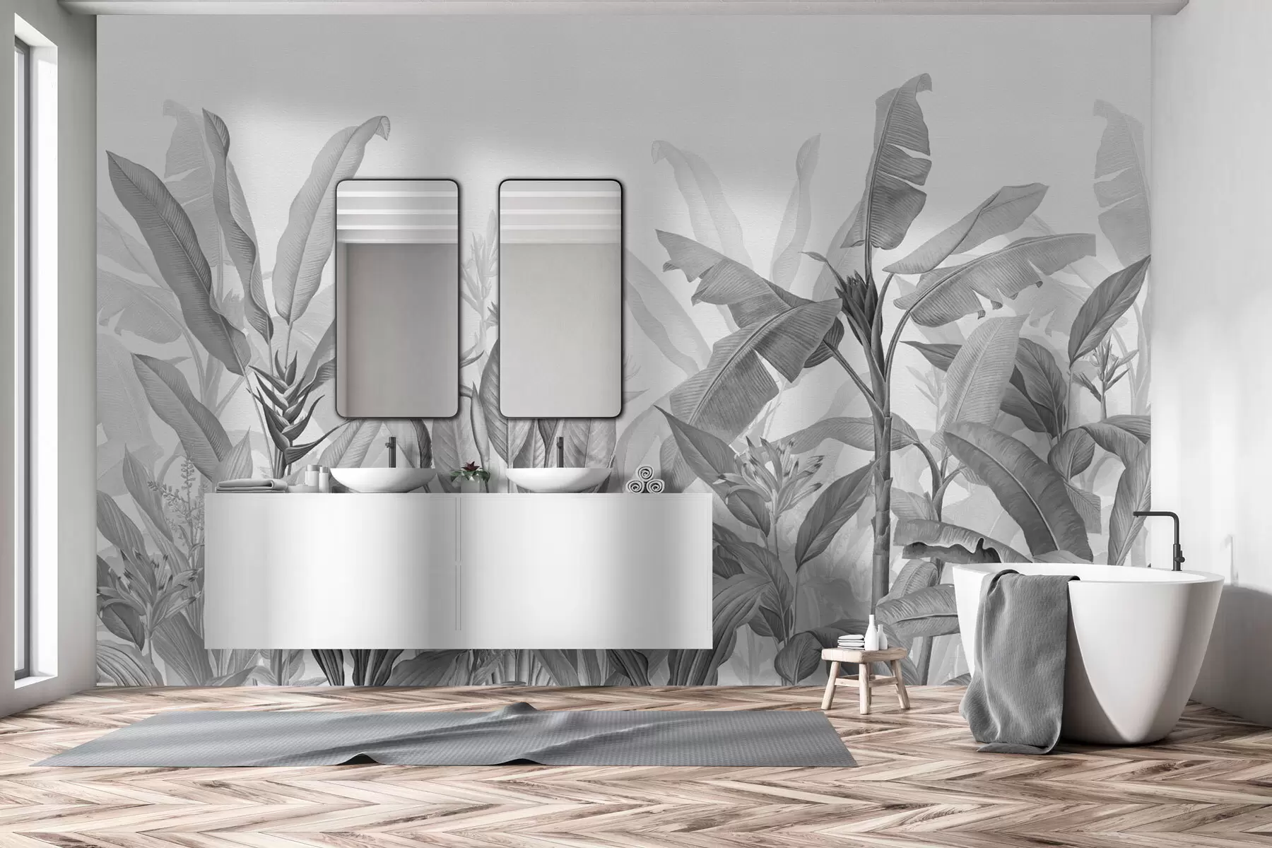 wall murals Црно-бело тропско лишће и цвеће на светлој позадини w01834v3