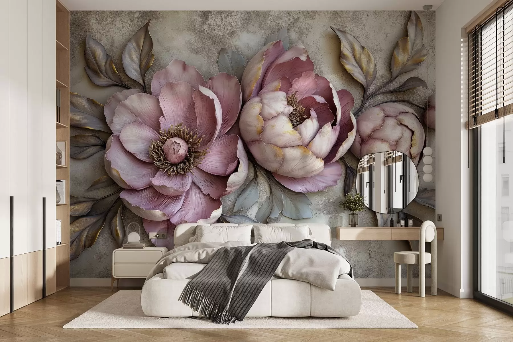 wall murals Цветни љубичасти божури са листовима и латицама пригушених пастелних боја, винтаге стил w01825