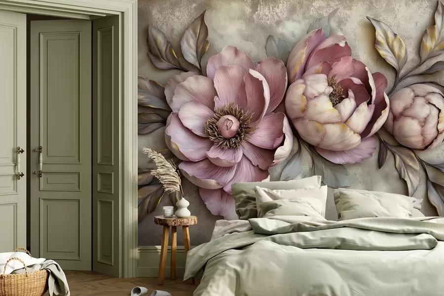 wall murals Цветни љубичасти божури са листовима и латицама пригушених пастелних боја, винтаге стил w01825