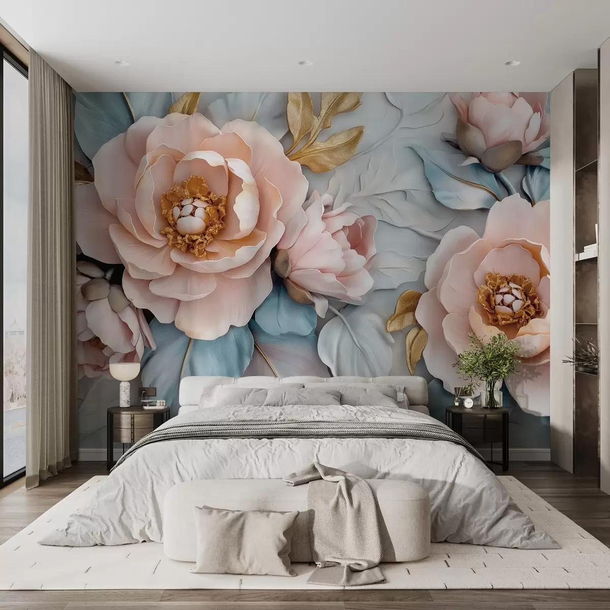 wall murals Луксузне латице и ружичасти божури у пастелно плавим и ружичастим тоновима w01826