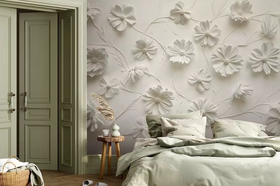 wall murals Бела рељефна композиција цвећа у минималистичком и софистицираном стилу w01828