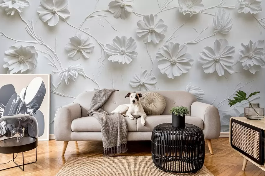 wall murals Бела рељефна композиција цвећа у минималистичком и софистицираном стилу w01828