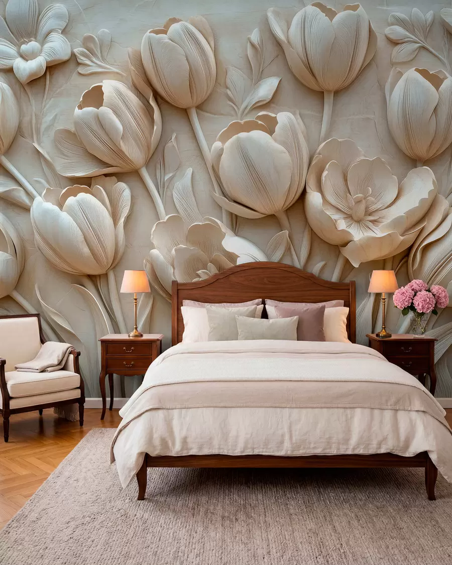 wall murals 3Д цветна уметност са грациозним лалама у беж боји w01851