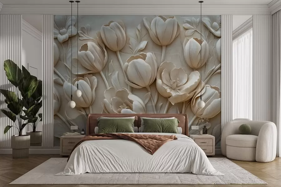 wall murals 3Д цветна уметност са грациозним лалама у беж боји w01851