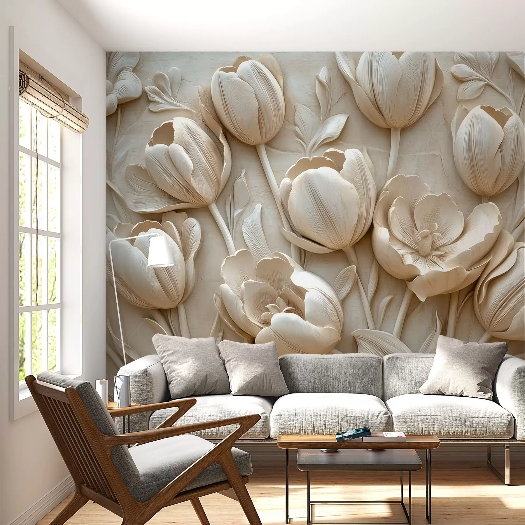 wall murals 3Д цветна уметност са грациозним лалама у беж боји w01851