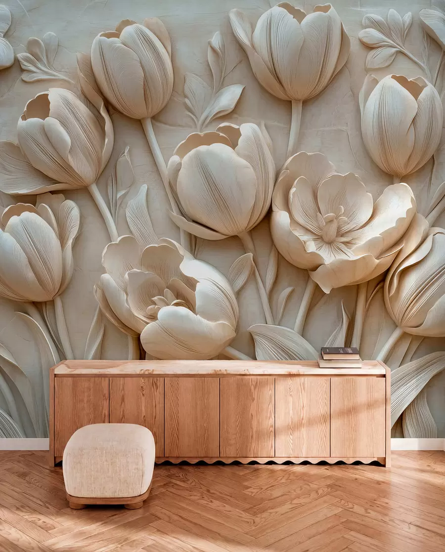 wall murals 3Д цветна уметност са грациозним лалама у беж боји w01851