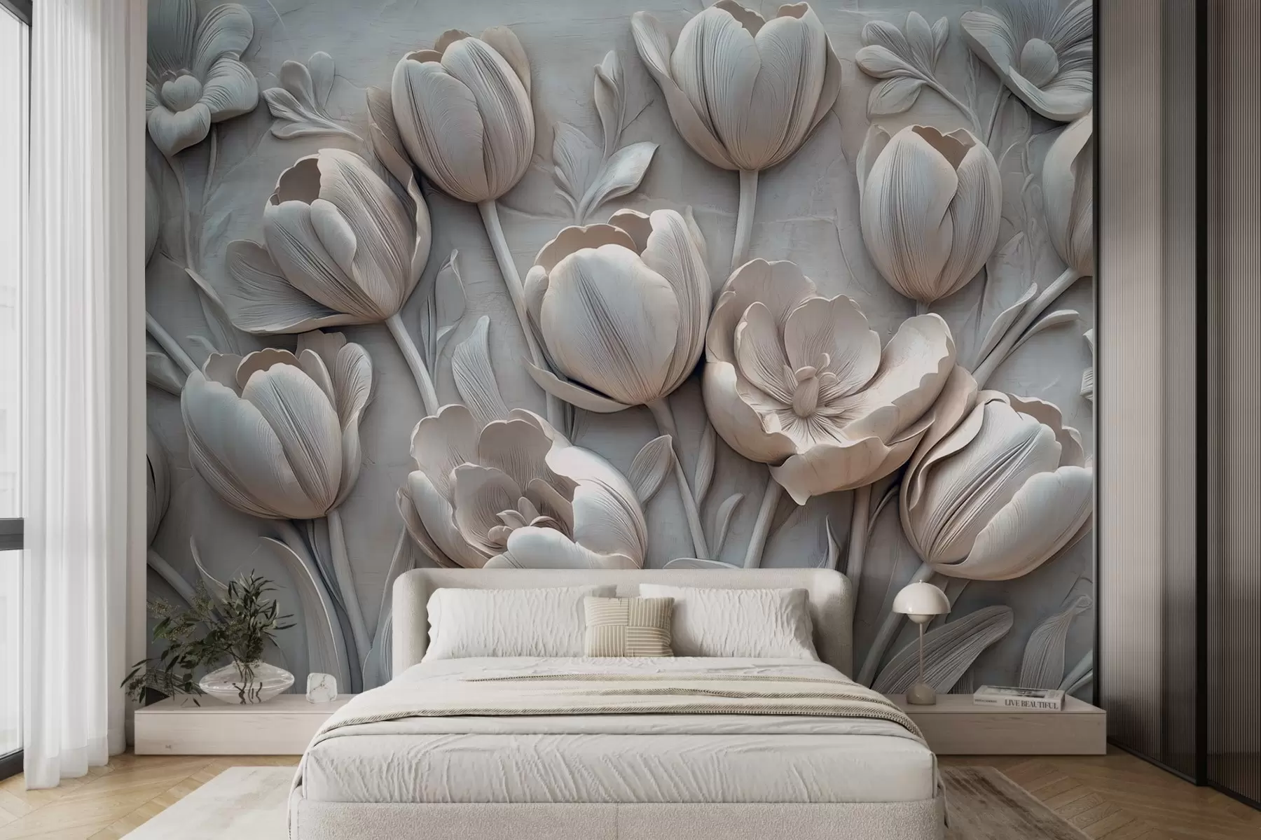 wall murals 3Д цветна уметност са грациозним лалама у сивој боји w01851v1