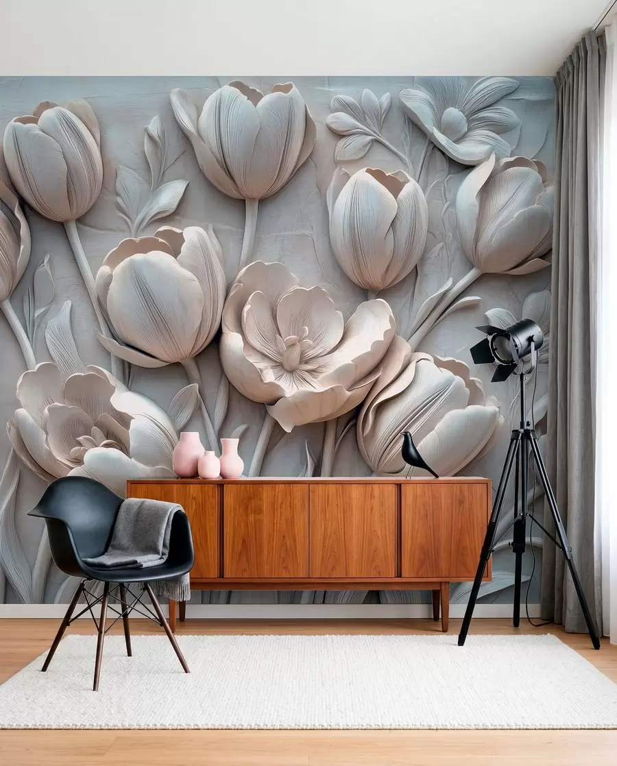 wall murals 3Д цветна уметност са грациозним лалама у сивој боји w01851v1