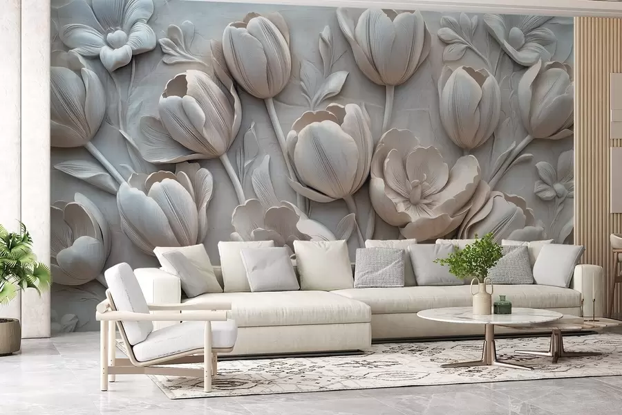 wall murals 3Д цветна уметност са грациозним лалама у сивој боји w01851v1